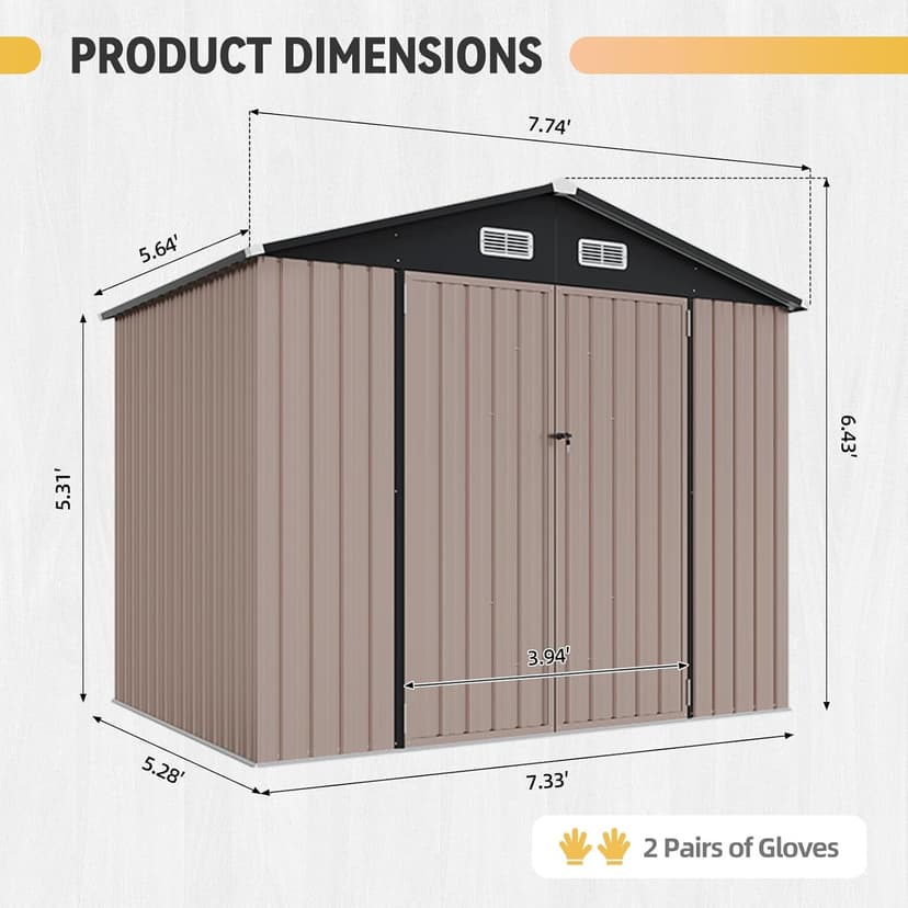 Aoxun 8x6 Shed with Floor Galvanized Steel Outdoor Storage Shed Metal Garden Shed with Double Doors, 15mm Moisture-Proof Floor & Ventilation, Sloped Roof for Bike/Generator/Tool Storage (Brown)