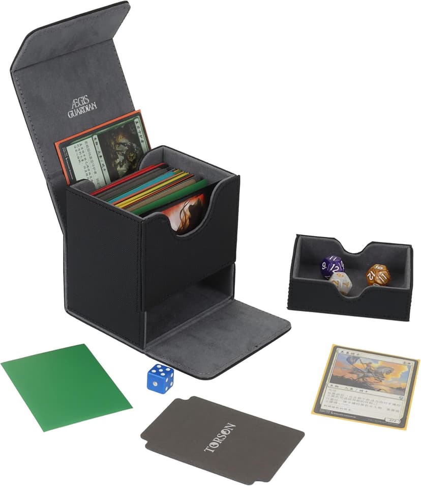 AEGIS GUARDIAN Card Deck Box with Dice Tray for MTG Cards, Commander Deck Box fit 150+ Sleeved Cards, PU Leather Card Storage Box Strong Magnet Deck Game Case for TCG CCG, Black