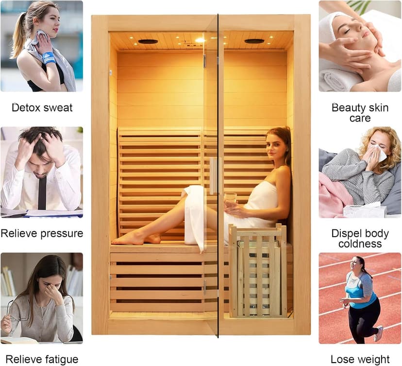 ZONEMEL Wooden Steam Sauna Room, 2 Person Canadian Hemlock Luxurious Indoor Sauna with 3.5 KW Harvia Stove Heater, Bluetooth Speaker, Sauna Stone, Wooden Bucket, Scoop, Reading Light, Hourglass