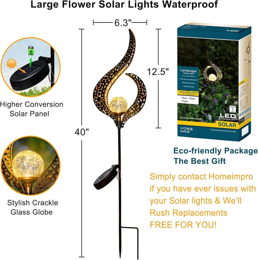 HOMEIMPRO Outdoor Garden Solar Lights Stake, Mothers Day Gifts Mom,Crackle Glass Metal Flower Waterproof LED Fairy Lights for Pathway,Lawn,Patio or Courtyard,Gardening Gifts Women (Bronze)