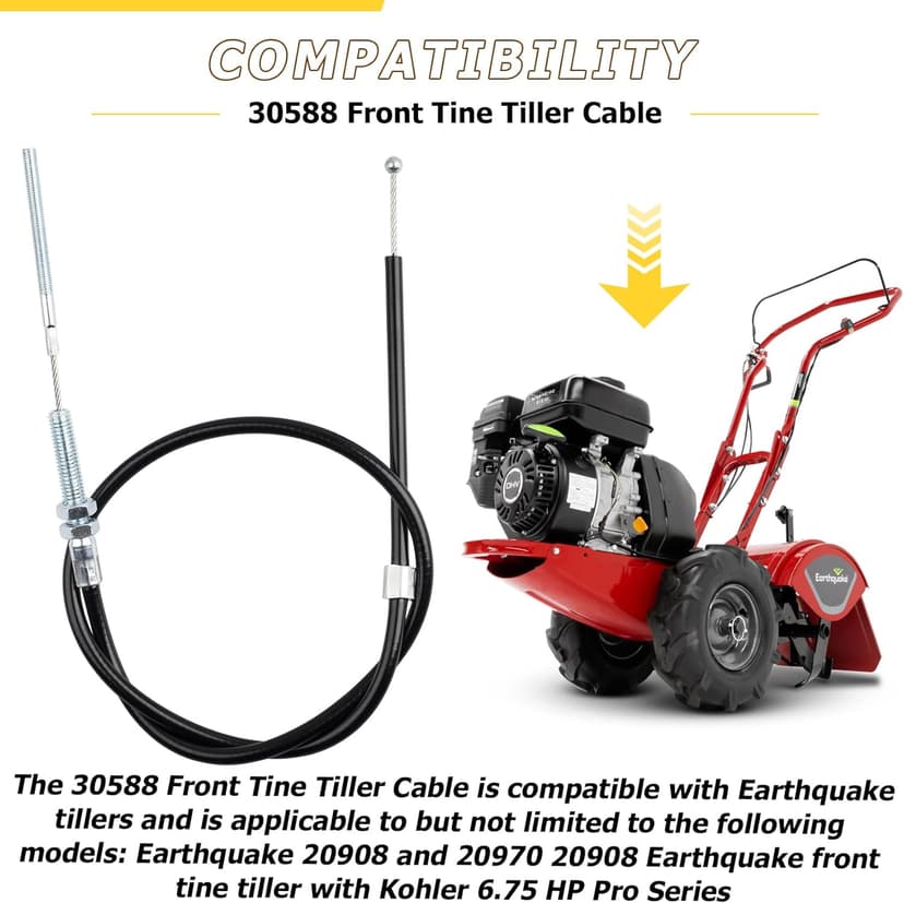 30588 Front Tine Tiller Cable Compatible with Earthquake Tiller, Fits Models 20908 and 20970, Replaces Part Number 3108A and 20827, M5 End M8 Mount Kit, 1 Pack