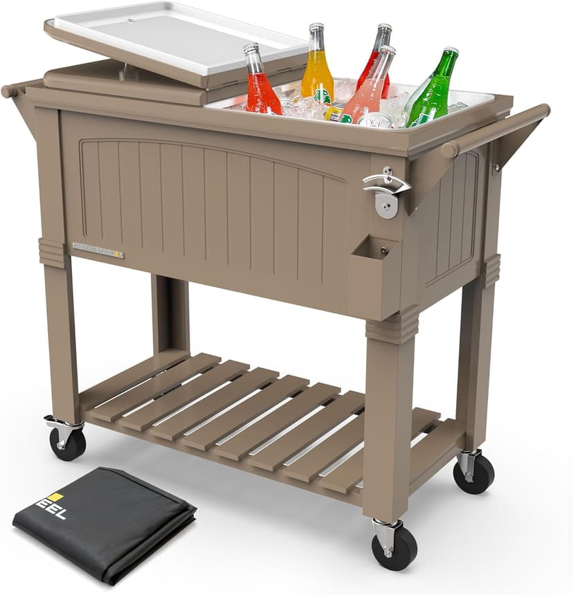 Permasteel 80-Qt Rolling Patio Cooler with Storage Shelf, Large Beverage Cart for Outdoor Entertaining, Backyard, Deck & Parties, Antique Teak Style, Taupe + Bonus Cover