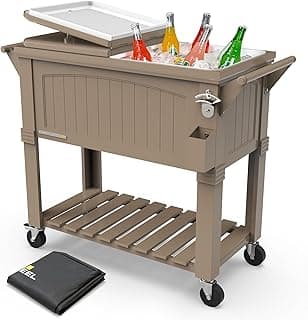 Permasteel 80-Qt Rolling Patio Cooler with Storage Shelf, Large Beverage Cart for Outdoor Entertaining, Backyard, Deck & Parties, Antique Teak Style, Taupe + Bonus Cover