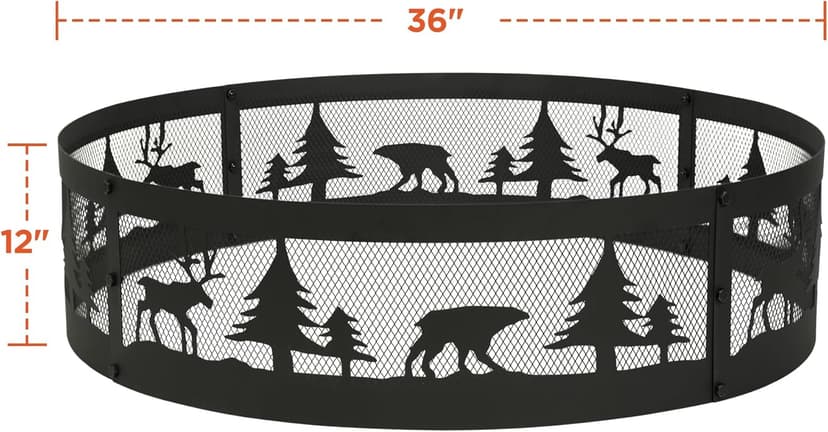 Red Mountain Valley 36 Inch Fire Pit Ring with 360° Forest & Wildlife Design, Portable Steel Wood Burning Firepit Ring for Outdoor Camping, Bonfires, Beach,Patio, fire Pit kit, Black