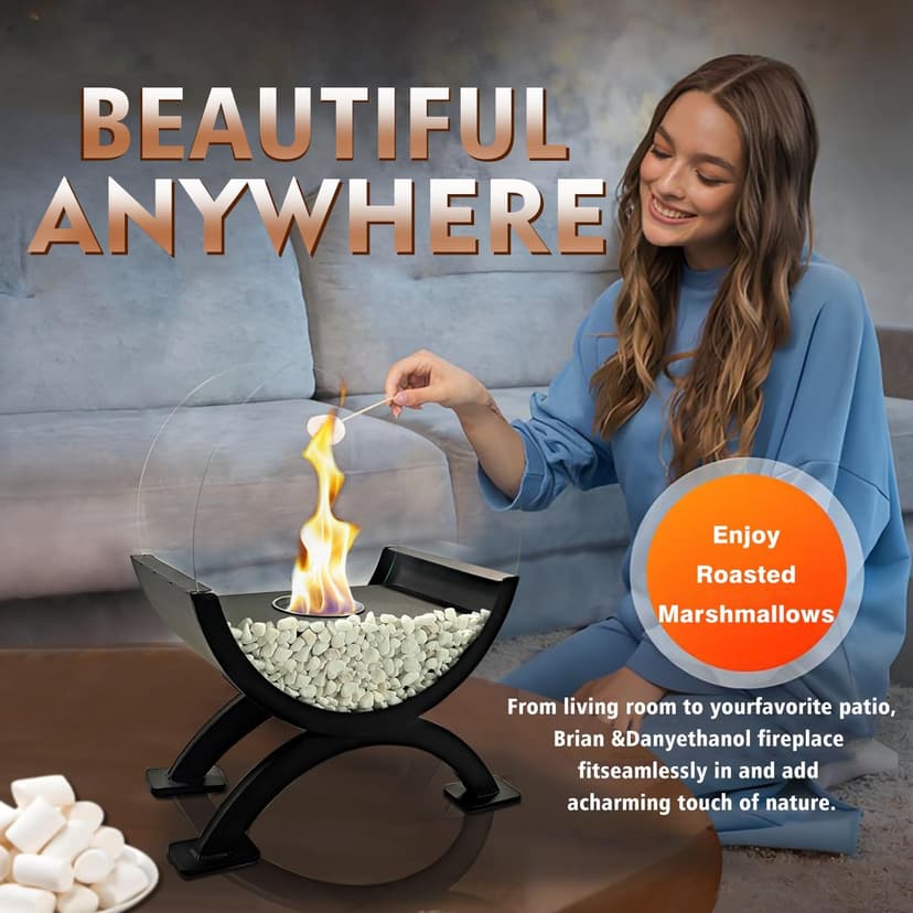 Round Glass Large Tabletop Fireplace 12.5" H Portable Fire Bowl Pot Clean Burning Bio Ethanol Ventless Fireplace for Indoor Outdoor Patio Parties Events(Black)
