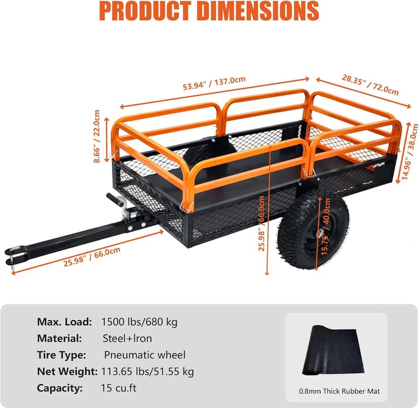 ATV Trailer Steel Dump Cart, 1500 Pounds 15 Cubic Feet Utility Trailer Yard Garden Trailer with Heavy Duty Tow Behind Carts and Removable Sides for Tractors, ATV, UTV, Lawn Mowers