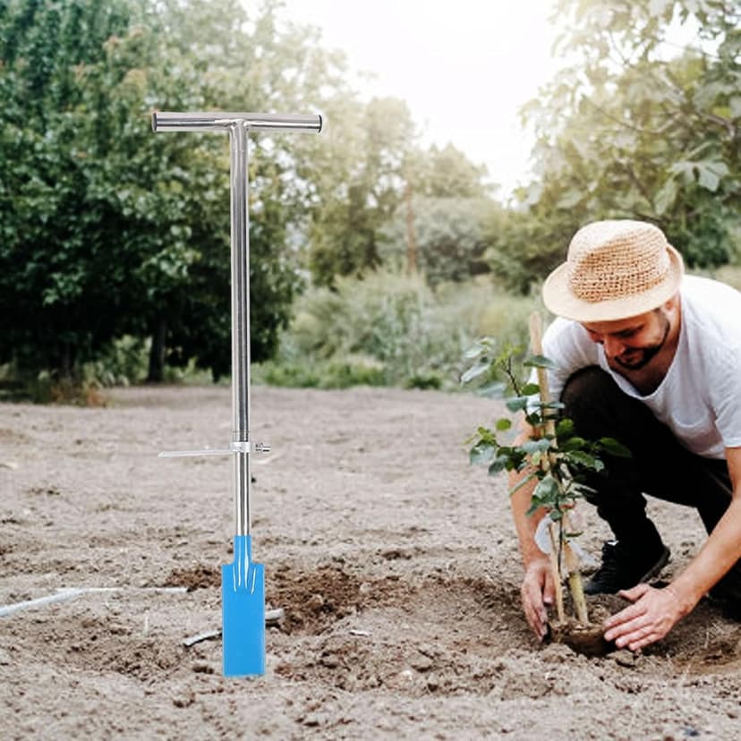 Hand Dibber, Garden Dibber Bar with Foot Pedal, T Handle & 8.5in Blade, Stainless Steel Planting Bar, Long Dibbler Garden Tool for Digging, Transplanting, Gardening, Planting(Blue)