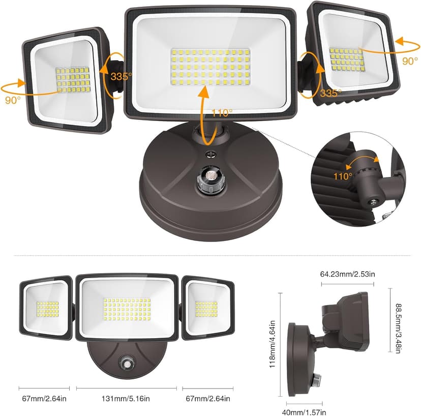 Onforu 60W LED Dusk to Dawn Outdoor Lighting, 6000LM Exterior Flood Light, IP65 Waterproof Outdoor 3 Adjustable Heads Photocell Security Lights Fixture, 6500K Floodlights for Garage, Patio, Yard
