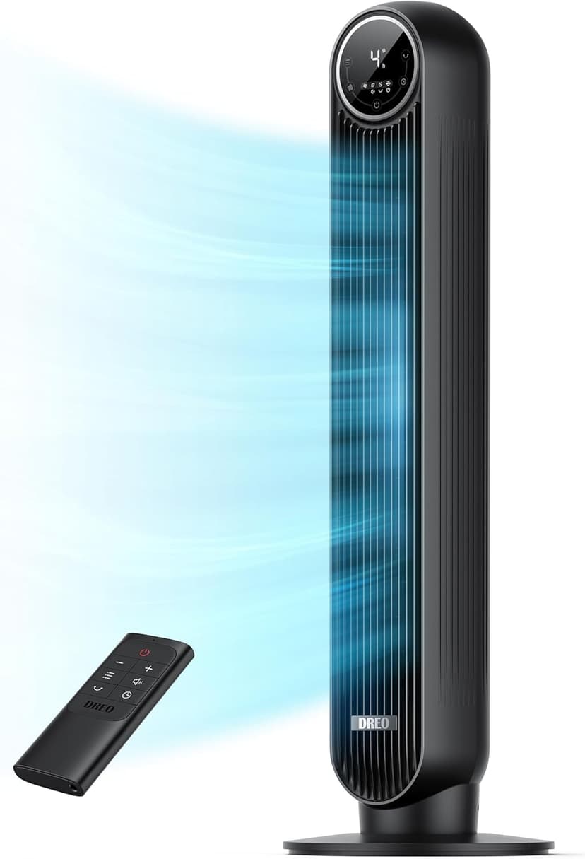 Dreo Tower Fan for Bedroom, 25ft/s Velocity 28dB Quiet Floor Fan, 90° Oscillating Fans for Indoors with 4 Speeds, 4 Modes, 8H Timer, Bladeless Standing Fan, Black, Nomad One (DR-HTF007)