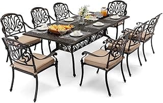 𝐀𝐢𝐥𝐢𝐬𝐦𝐚𝐢𝐥 𝟗 𝐏𝐢𝐞𝐜𝐞 Outdoor Dining Set Cast Aluminum Retro Patio Dining Set for 8 includes 86.6’’ Rectangular Table and 8 Chairs with Cushion and Umbrella Hole for Patio Deck Garden