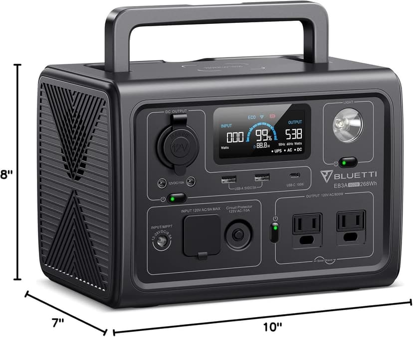 BLUETTI Solar Generator EB3A, 268Wh LiFePO4 Battery Backup w/ 2 600W (1,200W Surge) AC Outlets, Recharge from 0-80% in 30 Min., LFP Backup for Outdoor Camping, Trip, Power Outage