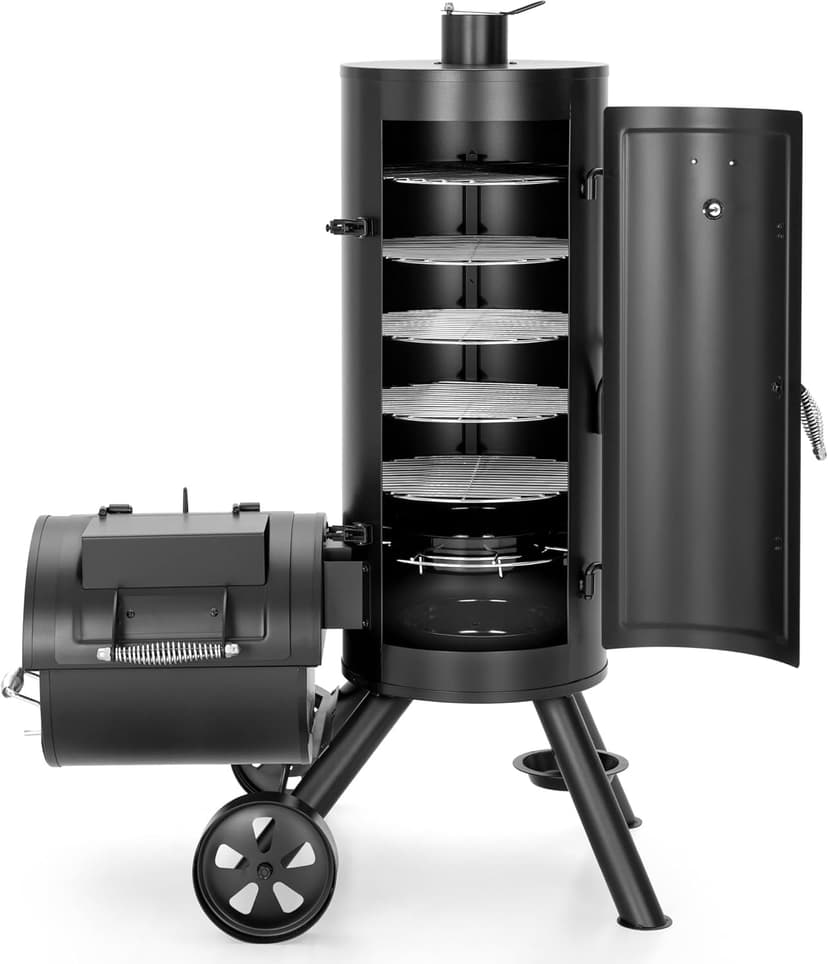 Captiva Designs Charcoal Vertical Smoker Grill and Offset Smoker Grill Combo, Extra Large Outdoor Barrel BBQ Meat Smoker Grill with 5 Removable Smoking Grates & Built-in Hooks for Various Meat Foods