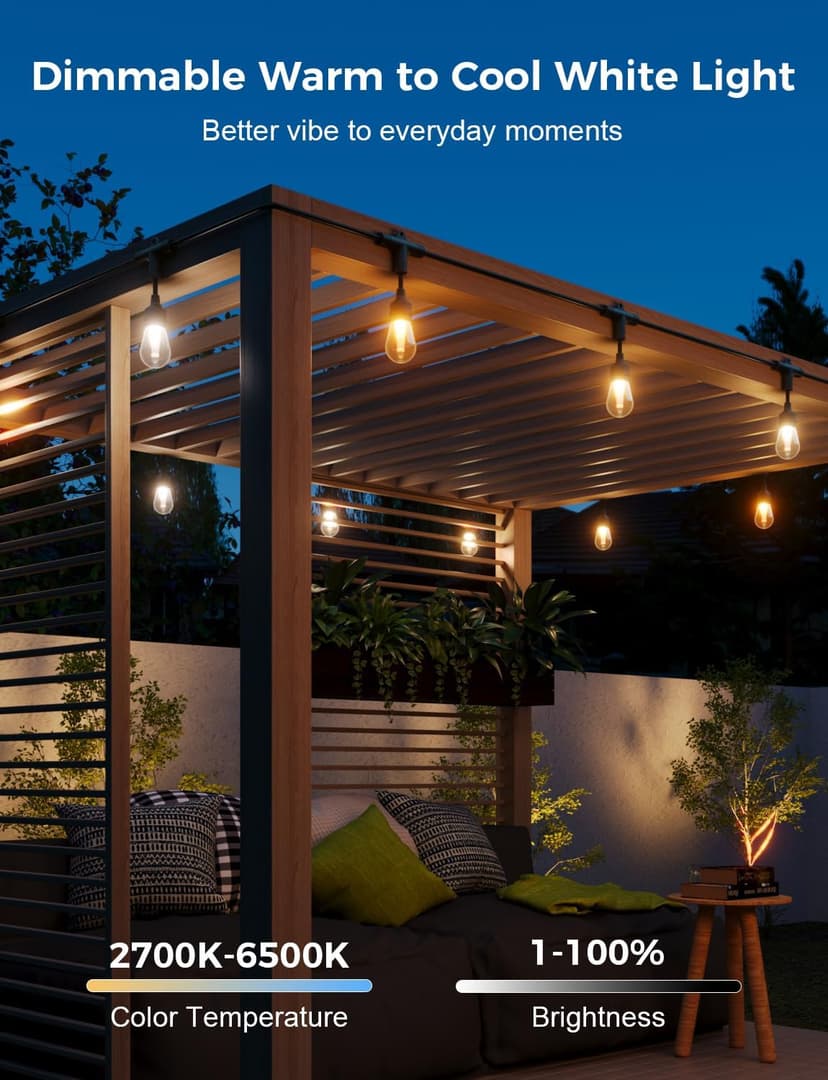 XMCOSY+ Smart Outdoor String Lights, 98Ft Patio Lights Waterproof, App Control, Compatible with Alexa, RGBCWIC Color Changing LED String Light for Outside
