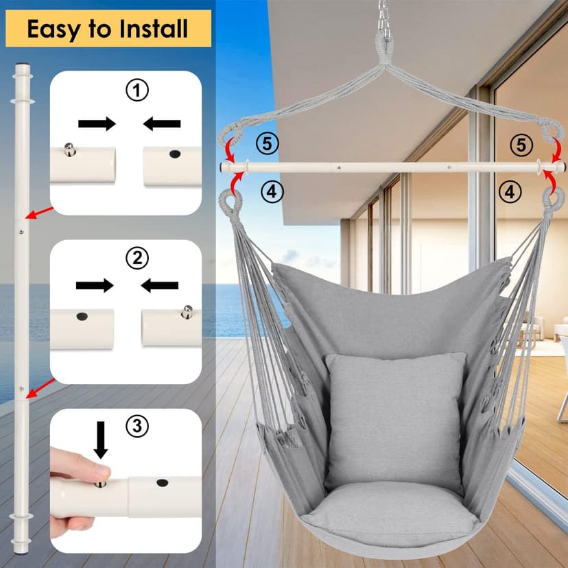 Y- Stop Hammock Chair Hanging Rope Swing Chair, Max 500 Lbs, 2 Seat Cushions Included, Removable Steel Spreader Bar with Anti-Slip Rings, Hardware kit-for Indoor or Outdoor(Light Grey)
