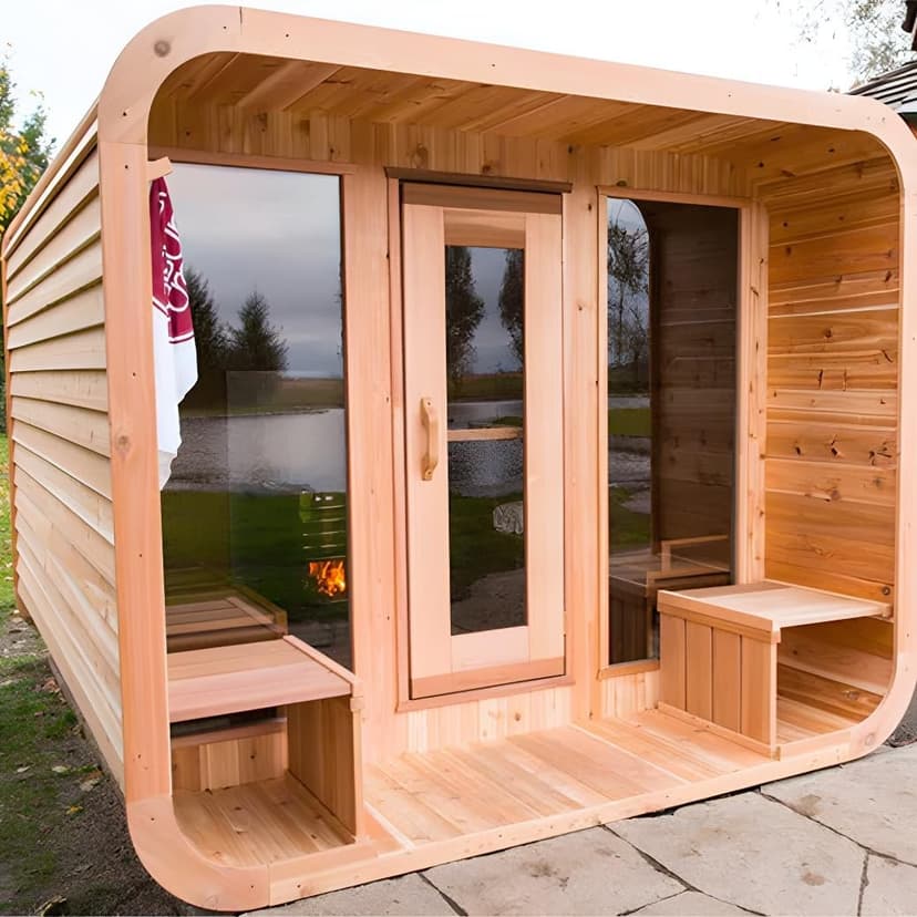 Customize Luxury Outdoor Sauna 6-10 Person, Canadian Hemlock, Red Cedar Sauna, Porch Option, Glass Window Option, Wood Burning Stove or Harvia Heater with Rocks, Extra Large Backyard Saunas (0-195 °F)