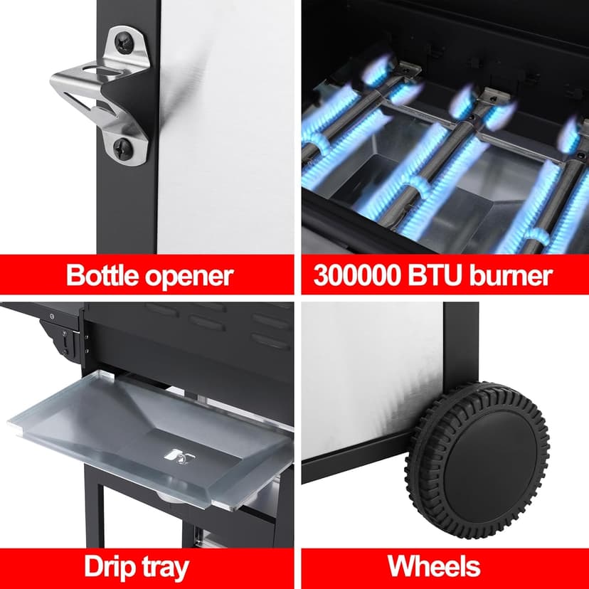 3-Burner Propane Gas Grill, Stainless Steel Cabinet with Side Table & Knob Controls, BBQ Cast Iron Grates and Thermometer for Outdoor Cooking, Patio, BBQ