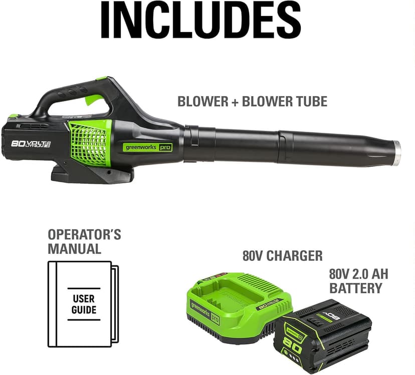 Greenworks 80V (150 MPH / 500 CFM / 75+ Compatible Tools) Cordless Axial Leaf Blower, 2.0Ah Battery and Charger Included