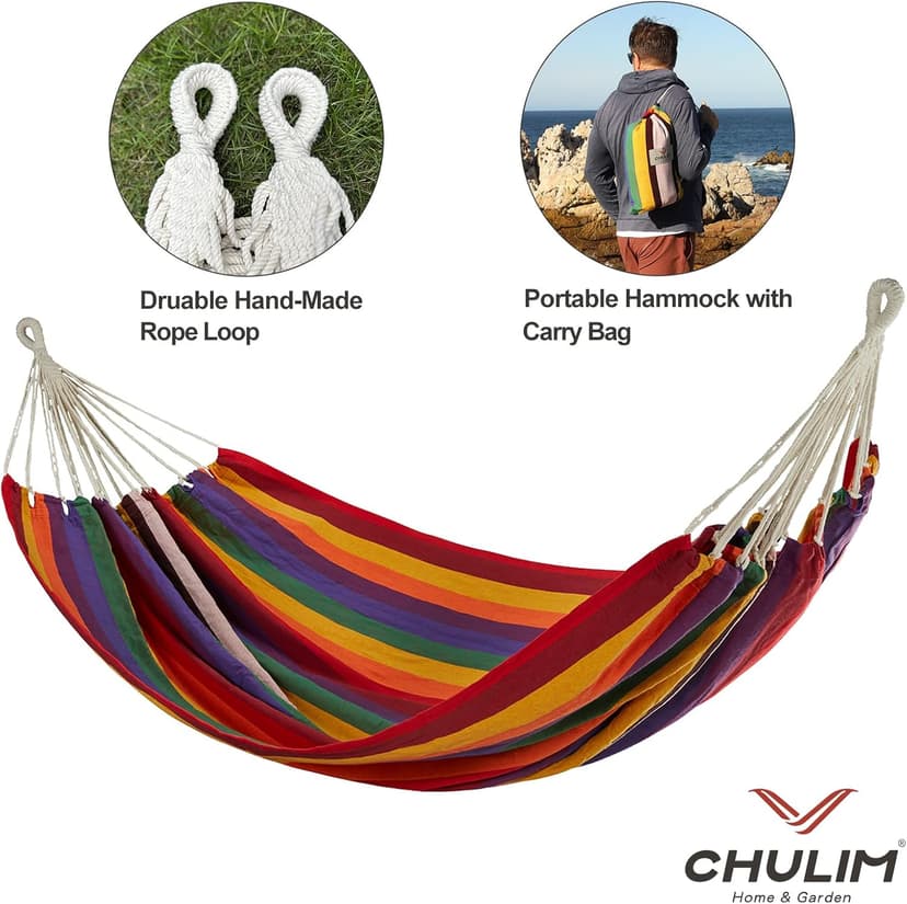 Brazilian Double Hammock with Tree Straps,Extra Large 240x160cm,2 Persons Hammock for Backyard Patio Outdoor and Indoor,450lbs Weight Capacity,Soft Woven Cotton Fabric Red Stripe
