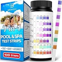 7-in-1 Accurate Pool Test Strips - 100 Hot Tub Spa Test Strips - Quick Pool Water Testing Kit - Bromine, pH, Hardness, Alkalinity, Chlorine & Cyanuric Acid - Perfect for Any Pools, Spa, Hot tubs
