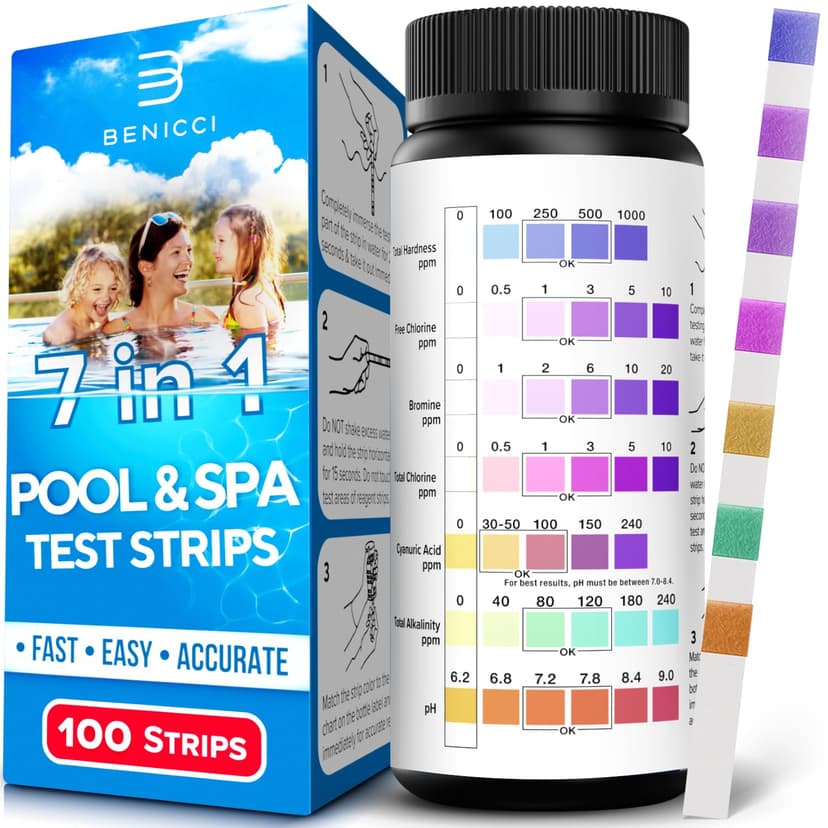 7-in-1 Accurate Pool Test Strips - 100 Hot Tub Spa Test Strips - Quick Pool Water Testing Kit - Bromine, pH, Hardness, Alkalinity, Chlorine & Cyanuric Acid - Perfect for Any Pools, Spa, Hot tubs