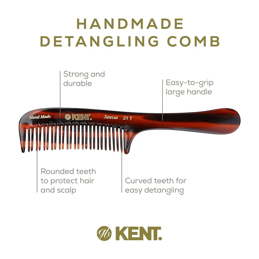 KENT 21T 8 Inch Large Hair Detangling Comb, Wide Teeth for Thick Curly Wavy Hair. Long Hair Detangler Comb For Wet and Dry. Handmade of Quality Cellulose, Saw-Cut Hand Polished, Made in England
