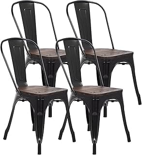FDW Metal Dining Chairs Set of 4 Patio Chairs 18 Inch Kitchen Chair Stackable Chair with Wooden Seat for Indoor Outdoor Seat Height Restaurant Chair Metal Chair