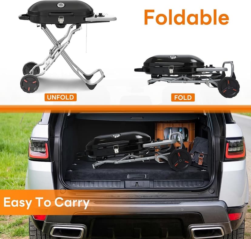 Portable Propane Gas Grill, 15,000 BTU Foldable Outdoor Grill with 348 Sq. In. Grilling Area for Camping, BBQ, Parties, Backyard, Beach Outings