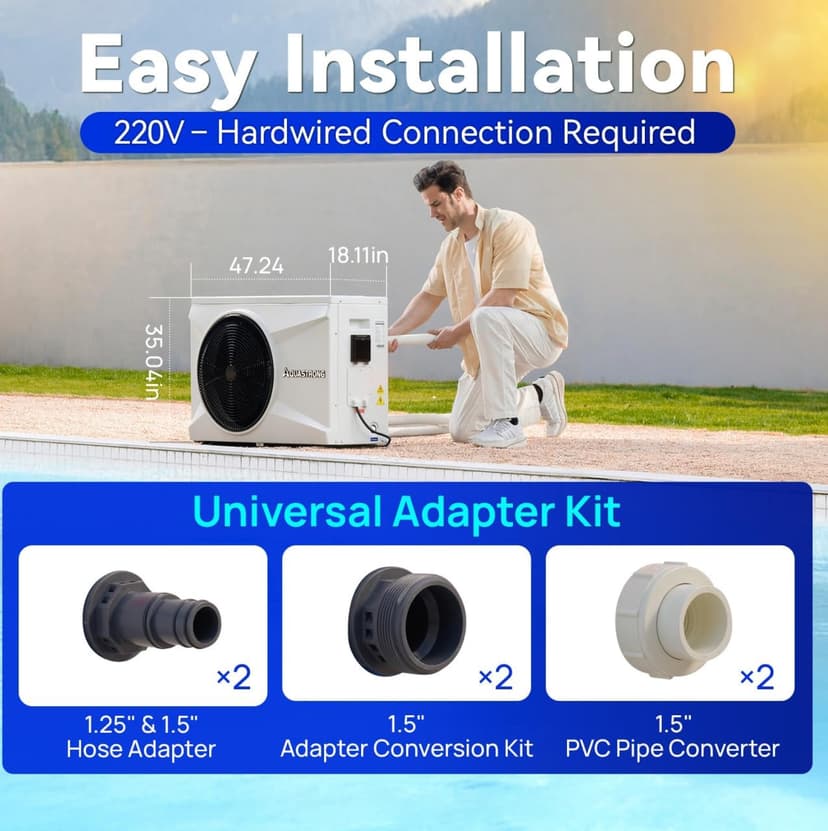 Aquastrong 75,000 BTU Inverter Swimming Pool Heat Pump, 21,000 Gallons Electric Pool Heater for Above Ground and Inground Pool, WiFi Capable Timer, Heating and Cooling Pool Heater 220V