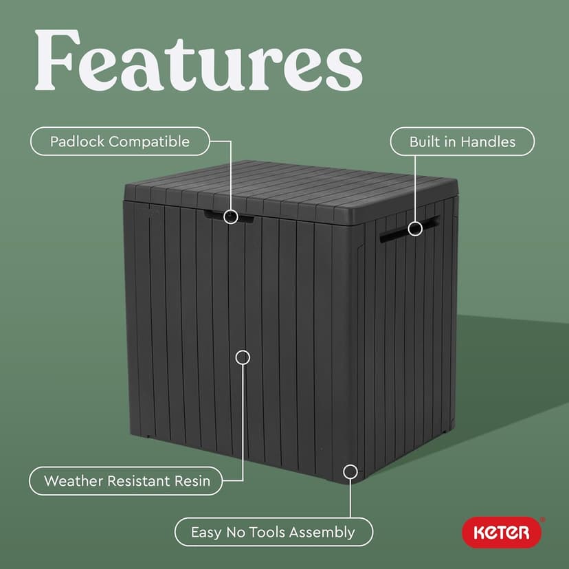 Keter City 30 Gallon Resin Outdoor Storage Box and Patio Storage Box Side Table for Pool and Garden Accessories, Dark Grey