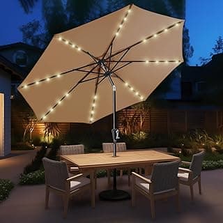 9ft Solar Patio Umbrella - Solar Lights LED Lighted Outdoor Market Table Umbrella, UPF50+ UV Protection with Push Button Tilt, Crank for Pool Deck and Garden (Beige)
