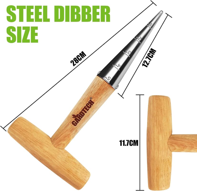Gardtech 4 x Flower Bulb Planting Wood Tools, Stainless Steel Dibber with Calibration, Seed Plant Set Dibber & Fork, Sowing Seed Dispenser for Garden Planting…
