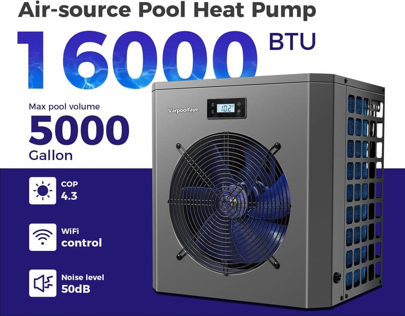 Pool Heater for Above Ground Pool 16000 BTU Heating and Cooling Up to 5000 Gallon Pool Heater 120v Electric Pool Heat Pump WiFi Smart Control via APP Spa Heater Pump