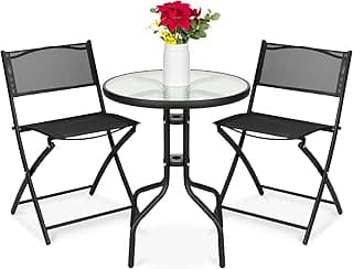 Best Choice Products 3-Piece Patio Bistro Dining Furniture Set w/Textured Glass Tabletop, 2 Steel Folding Chairs, Polyester Fabric - Black