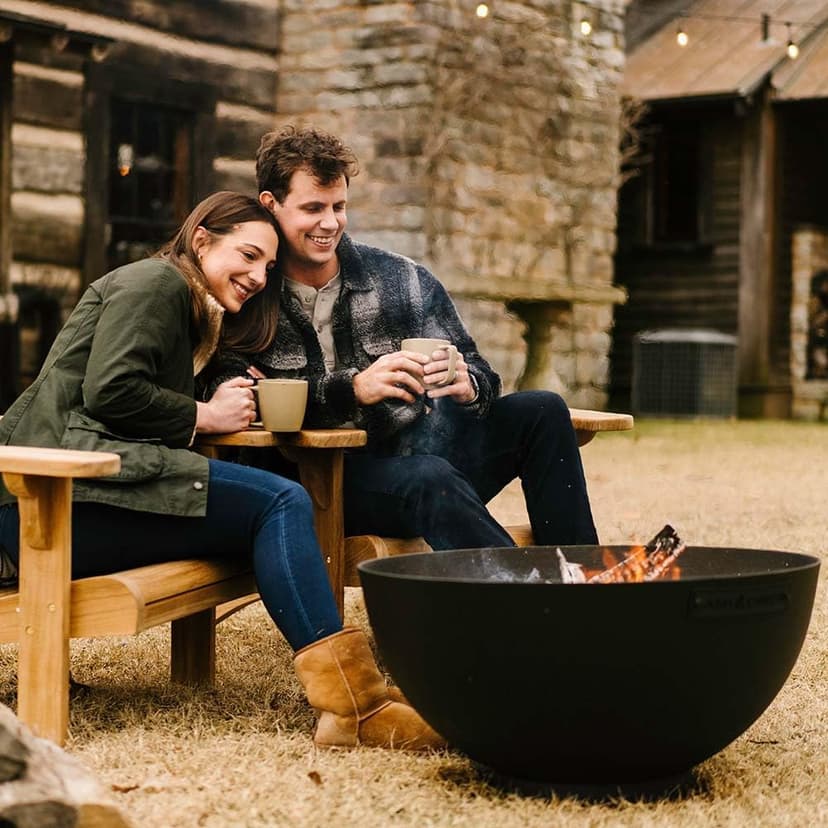 Ash & Ember 29" Hemisphere Fire Pit, Wood Burning Backyard Fireplace, Round Flat Flanged Base, Cast Iron High-Temp Black Paint Fire Bowl, Portable Outdoor Firepit