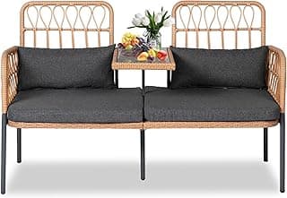 PROHIKER Patio Furniture Outdoor Rattan Loveseat 2-Seat with Built-in Table, Lumbar Pillows and Cushions, All-Weather Wicker Loveseat Porch Chairs for Balcony, Lawn, Backyard