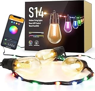 Flacchi Smart Patio Lights with Rope Fairy - 46ft Smart S14 String Lights, Waterproof Shatterproof Bluetooth APP Remote Control Dimmable for Balcony, Backyard, Party, Holiday (RGB & Warm White)
