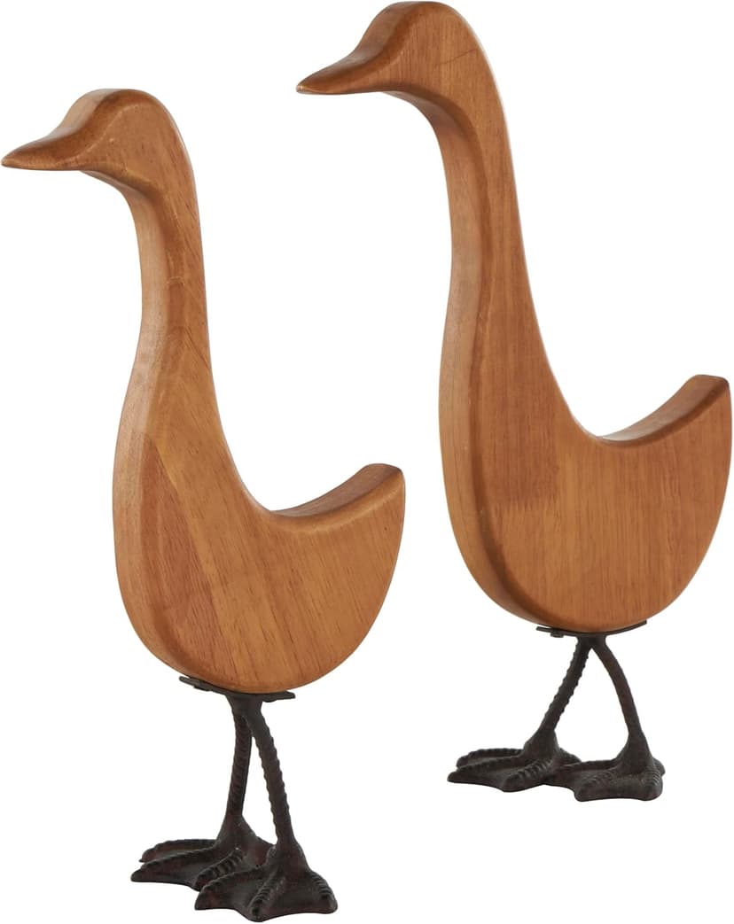 Deco 79 Wood Duck Decorative Garden Sculpture Abstract Minimalistic Garden Statues with Black Metal Feet, Set of 2 Outdoor Sculptures 13", 12"H, Brown