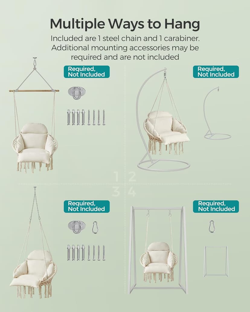 SONGMICS Hanging Chair, Hammock Chair with Large, Thick Cushion, Boho Swing Chair for Bedroom, Patio, Balcony, Garden, Holds up to 264 lb, Accessories Included, Cream White UGDC042M01