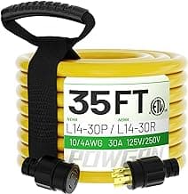 30-Amp Generator Extension Cord (35 Feet) 4-Prong 125/250V 7500W, NEMA L14-30P/L14-30R,10 Gauge STW Locking Power Cord for Transfer Switch, Portable Generators,Yellow 35ft Generator Cable
