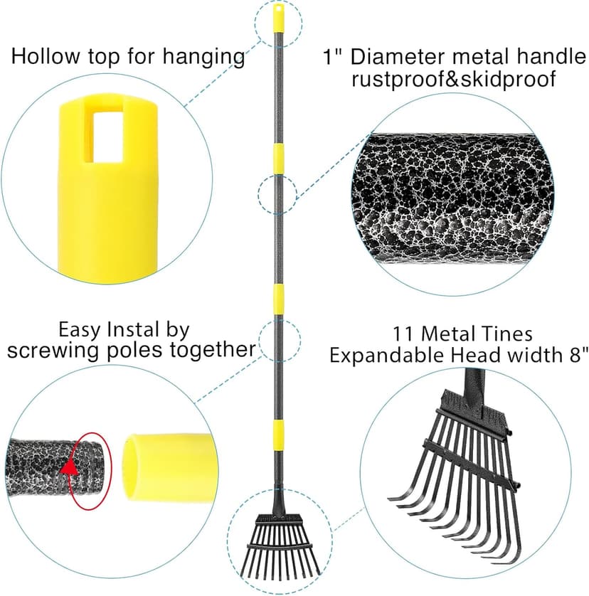 Oliynedy Leaf Rake for Gardening, Adjustable Metal Garden Rake for Leaves Long Handle 30-60", 11 Tines 9" wide Small Lawn Collapsible Yard Adult Kids Rake for Camping Flower Beds Mulch Shrub