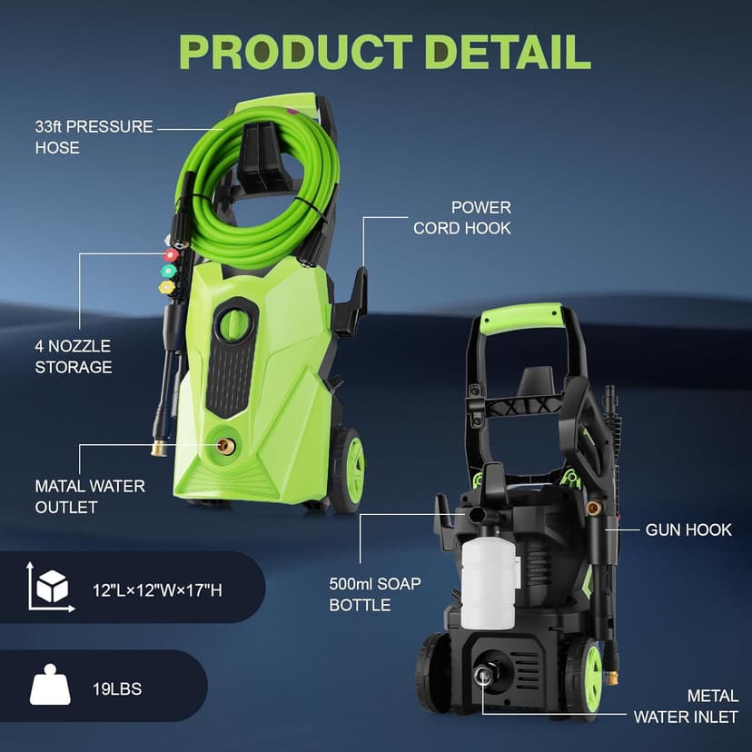 2025 New 4800PSI Electric Pressure Washer, Power Washer with 33FT Resistant Extension Hose and 4 Nozzles, Compatible with Extended Undercarriage Cleaners, Professional Powerwashers for Home/Car(Green)