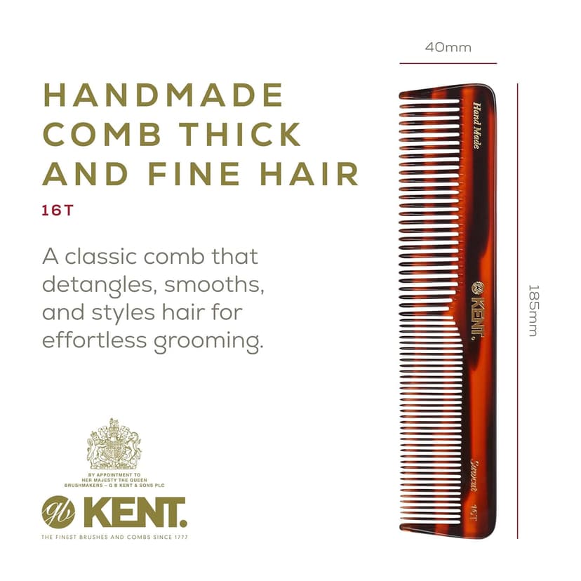 KENT 16T Fine Tooth and Wide Tooth Comb for Daily Grooming, Handmade Styling Comb for All Hair Types, Styling and Detangling Combs for Men and Women