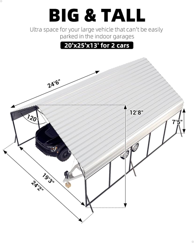 20'x25'x13' Metal Carport for 2 Cars, Extra Tall Carport, Reinforced Frame and Roof for All-Weather, Permanent Garage for Bass Boats, Full-Sized Pickup Trucks, and Tractors, N.W. 900 Lbs