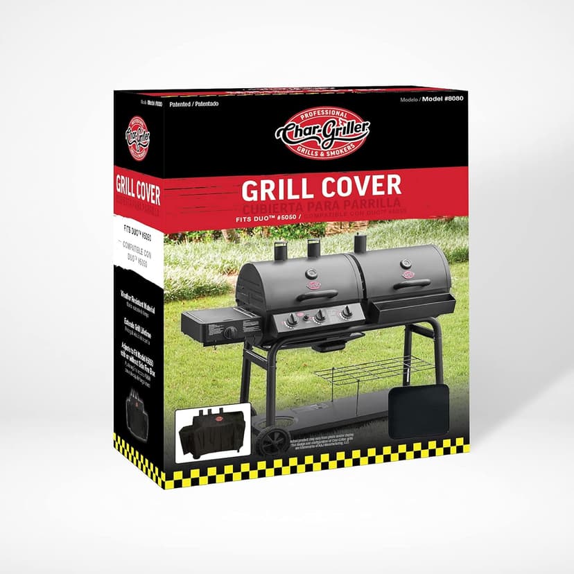 Char-Griller® 3-Burner Dual Fuel Expandable Propane Gas and Charcoal Outdoor Polyester Grill and Smoker Cover in Black, 29in x 65in x 49in, Model 8080