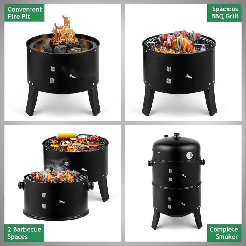16 Inch Charcoal BBQ Smoker Grill,3-in-1 Portable Vertical Grill Cooker with Built-in Thermometers & Adjustable Vent Systems for Outdoor Backyard Cooking, Camping & Patio Parties