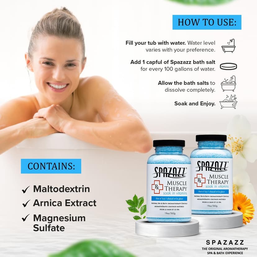 Spazazz Armotherapy Hot Tub Rx Muscle Therapy Natural Spa & Bath Salt Crystals 19oz- Hot 'N ICY - with Magnesium & Arnica - Safe for All Spa and Hot Tub Equipment