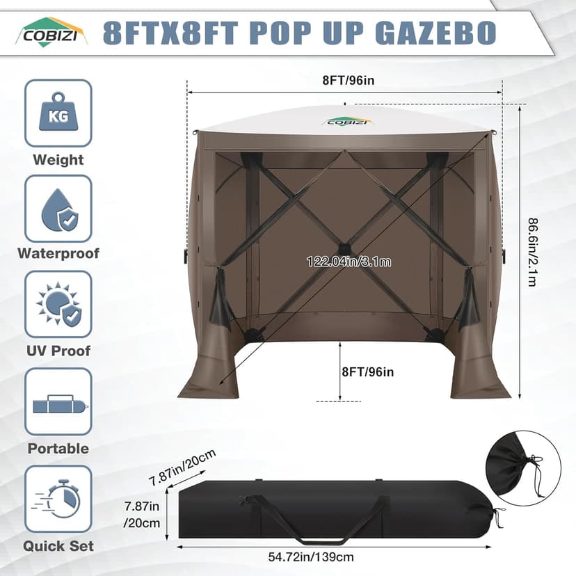COBIZI Pop Up Gazebo Screen Tent Screen House for Camping, 8FTx8FT Screen Room with Sidewalls and Mosquito Netting, Hub Tent Instant Screened Canopy with Carrying Bag and Ground Stakes, Brown