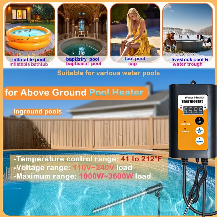 1300W 110-120V Submersible Immersion Water Heater - Portable Bucket Heater for Hot Tubs/Bathtubs/Small Pools, 316SS GFCI Leakage Protection Plug Water Heater with Adjustable Temp & Rustproof