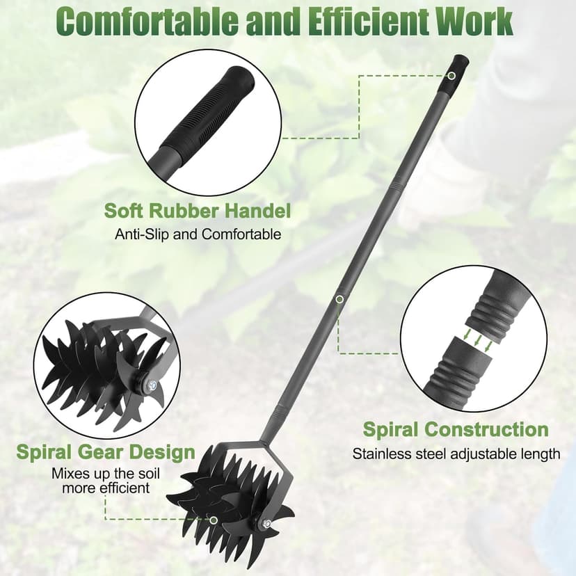 Rotary Cultivator Tool,Adjustable Garden Cultivator,Long Handle Garden Hand Tiller Cultivator,Garden Cultivator for Soil or Reseeding Grass,All Metal Rotary Tiller for Aerate, Weed, in Garden Lawn