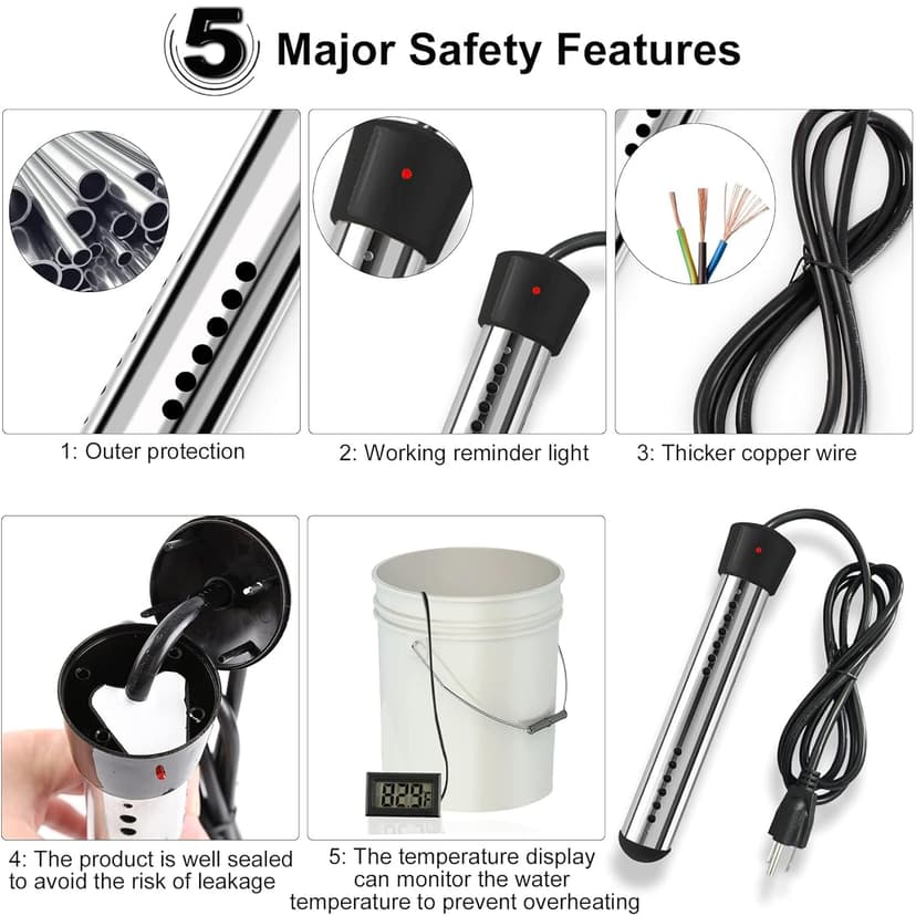 Immersion Water Heater 2Pack, Portable Electric 304 Stainless Heaters with Guard Cover - LCD Thermometer for Above Ground Inflatable Pool Tub Buckets Motorhome Camping Outdoor